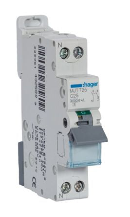 Hager MJT MCB, 2P, 25A Curve C, 240 → 400V AC, 6 kA Breaking Capacity [MJT725]; 144-4952
