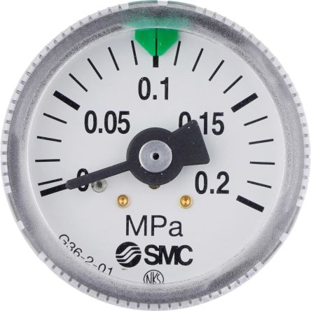 SMC R 1/8 Analogue Pressure Gauge 2bar Back Entry 37mm Outside Diameter [G36-2-01]; 235-3084