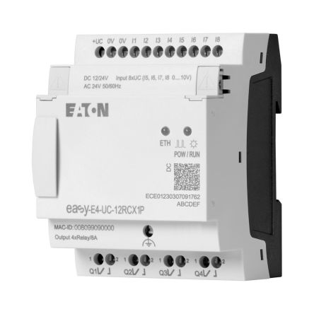 Eaton EasyE4 Series Control Relay, 26.4 V Supply, Relay Output, 4-Input, Analog Input [197505 EASY-E4-UC-12RCX1P]; 235-4813