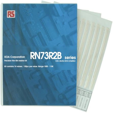KOA, RN73R Thin Film, SMT 74 Resistor Kit, with 7400 pieces, 100Ω →110kΩ [RN73R2BT-KIT1]; 241-0644
