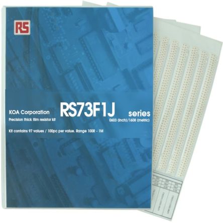 KOA, RS73 Thick Film, SMT 97 Resistor Kit, with 9700 pieces, 100Ω → 1MΩ [RS73F1JT-KIT1]; 241-0645