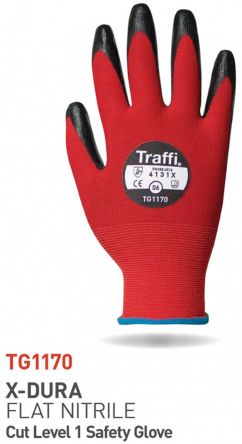 Traffi Red Nitrile, Nylon Cut Resistant Cut Resistant Gloves, Size 10, Nitrile Coating [TG1170-10]; 250-0996