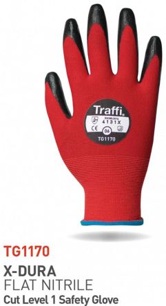 Traffi Red Nitrile, Nylon Cut Resistant Cut Resistant Gloves, Size 9, Nitrile Coating [TG1170-09]; 250-1002