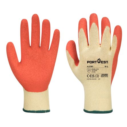 Portwest A100 Orange Latex Gripper Gloves, Size 9, Latex Coating [A100ORRL]; 271-8844