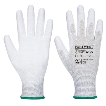 Portwest A199 Grey Nylon ESD Protection Gloves, Size 8, Polyurethane Coating [A199GRRM]; 271-8852