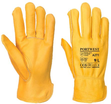 Portwest A271 Yellow Leather Construction Gloves, Size 9 [A271TARL]; 271-8857