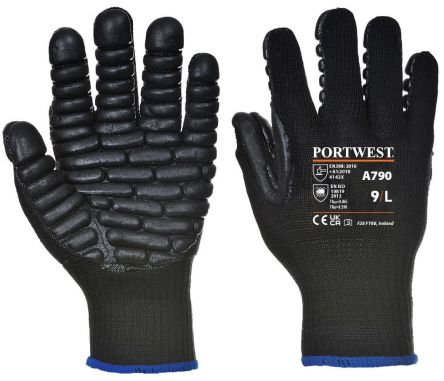 Portwest Black Latex Anti-Vibration Gloves, Size 10, Latex Coating [A790BKRXL]; 271-8875