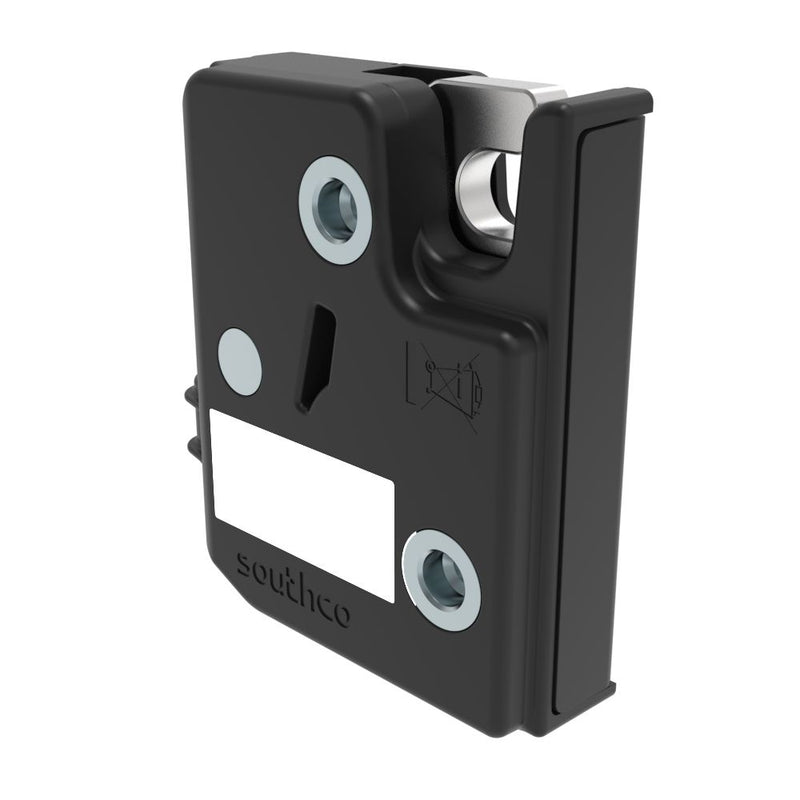 SOUTHCO Electronic Rotary Push-to-Close Latch, Auto Relock, 24 volts, With Latch Status Microswitch, Non-sealed Connector, Thru Hole, Plastic and Steel Housing [R4-EM-83-230]