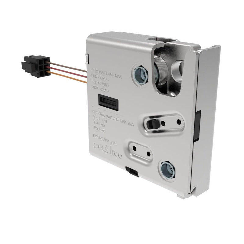 SOUTHCO Electronic Rotary Push-to-Close Latch, Delayed Relock, Rear Trigger, Without Latch Status Microswitch, Non-sealed Connector, Thru Hole, Steel Housing, Nickel Plated [R4-EM-R73-131]