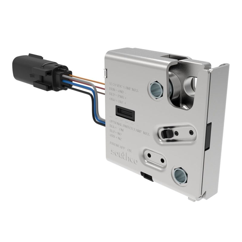 SOUTHCO Electronic Rotary Push-to-Close Latch, Delayed Relock, Rear Trigger, With Cam Switch, Sealed Connector, 1/4-20 Thread, Steel Housing, Nickel Plated [R4-EM-R71-163]