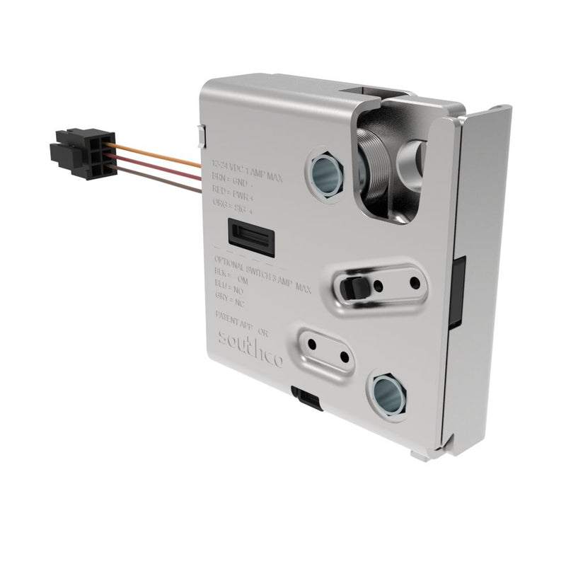 SOUTHCO Electronic Rotary Push-to-Close Latch, Delayed Relock, Rear Trigger, Without Latch Status Microswitch, Non-sealed Connector, Thru Hole, Steel Housing, Nickel Plated [R4-EM-R732-131]