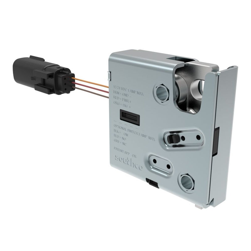 SOUTHCO Electronic Rotary Push-to-Close Latch, Delayed Relock, Rear Trigger, Without Latch Status Microswitch, Sealed Connector, 1/4-20 Thread, Stainless Steel Housing, Passivated [R4-EM-R712-133-B]