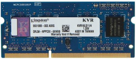 Kingston 4 GB DDR3L Laptop RAM, 1600MHz, SODIMM, 1.35V [KVR16LS11/4]; 804-7739