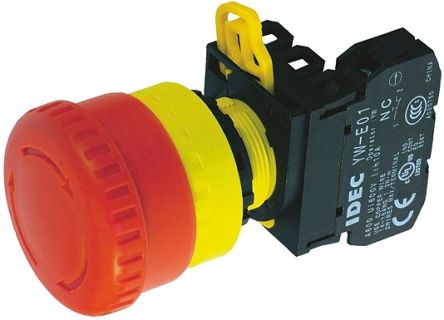 Idec YW1B Series Twist Release Emergency Stop Push Button, Panel Mount, 22mm Cutout, 1NC, IP20, IP65 [YW1B-V4E01R]; 813-5160