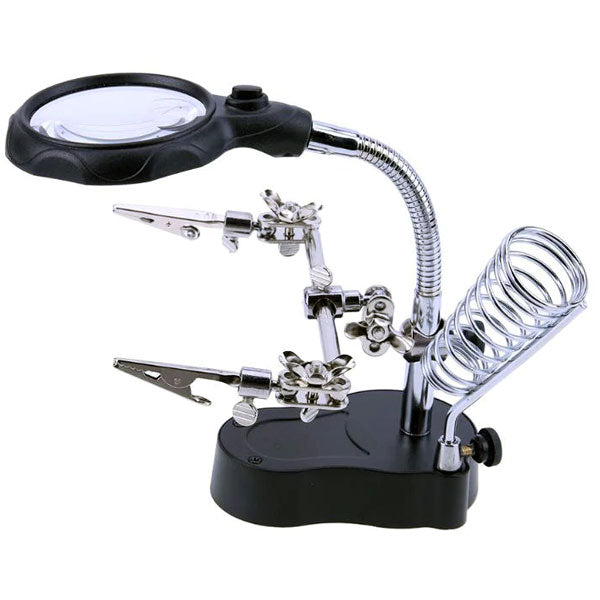 Third hand with lens, light and soldering iron stand
