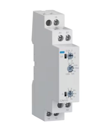 Hager EZM100 Series DIN Rail Mount Timer Relay, 12 → 240V ac/dc, 1-Contact, 1 → 360000s, SPDT [EZM100]; 100-558