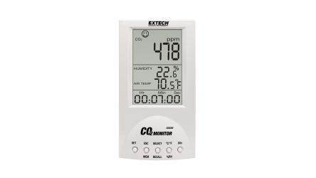 Extech CO220 Air Quality Monitor for CO2, Humidity, Temperature, +60°C Max, 99.9%RH Max, AC Adapter-Powered [CO220]; 102-475
