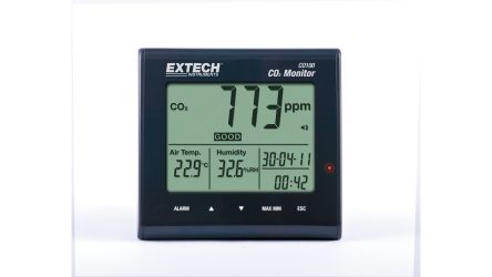 Extech CO100 Air Quality Monitor for CO2, Humidity, Temperature, +50°C Max, 90%RH Max, AC Adapter-Powered [CO100]; 102-477