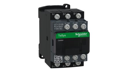 Schneider Electric TeSys Deca TeSyS D Contactor, 110 VDC Coil, 3-Pole, 25 A, 7.5 kW, 3NO, 690 V ac [LC1D126FLXS207]; 110-341
