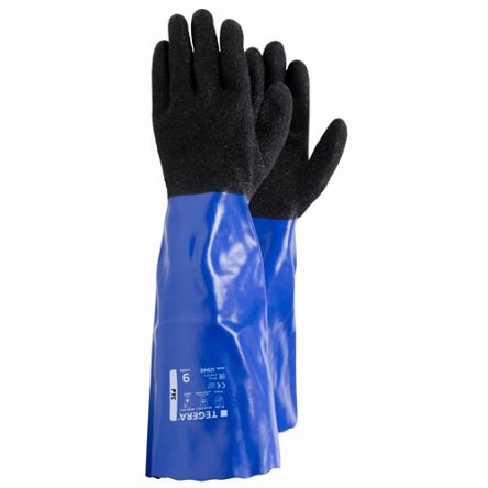 Tegera TEGERA Black, Blue Nylon Chemical Resistant Work Gloves, Size 8, PVC Coating [12945-8]; 115-557