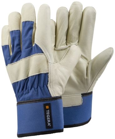 Tegera TEGERA Beige, Blue Cotton, Leather Abrasion Resistant Work Gloves, Size 12 [105-12]; 118-664