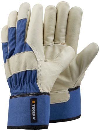 Tegera TEGERA Beige, Blue Cotton, Leather Abrasion Resistant Work Gloves, Size 7 [106-7]; 118-674
