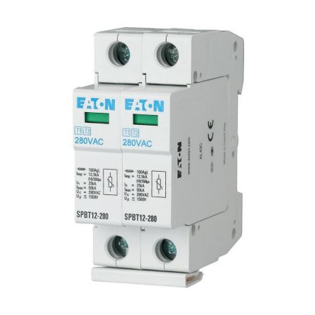 Eaton Single Phase Surge Arrester, 12.5kA, 1.5kV, DIN Rail Mount [158309 SPBT12-280/2]; 120-837