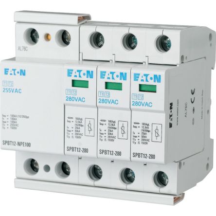 Eaton Three Phase Surge Protector, 12.5kA, 1.5kV, DIN Rail Mount [158332 SPBT12-280-3+NPE]; 120-841