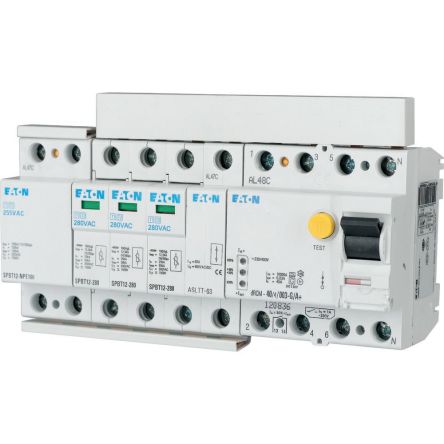 Eaton Three Phase Surge Protector, 12.5kA, 1.5kV, DIN Rail Mount [158333 SPBT12-280-3+NPE/BB]; 120-843