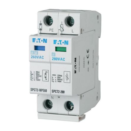 Eaton Single Phase Surge Protector, 40kA, 1.4kV, DIN Rail Mount [167619 SPCT2-280-1+NPE]; 120-850