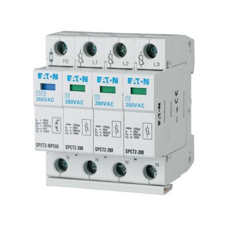 Eaton Three Phase Surge Protector, 40kA, 1.4kV, DIN Rail Mount [167620 SPCT2-280-3+NPE]; 120-851