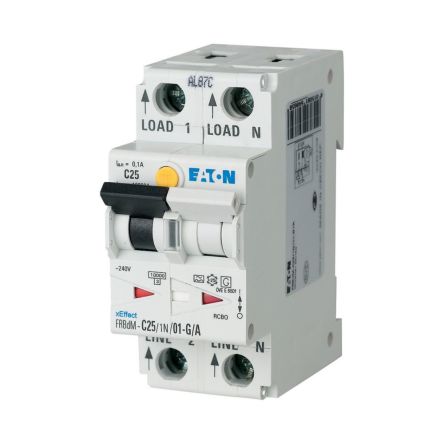 Eaton RCBO, 13A Current Rating, 2P Poles, 100mA Trip Sensitivity, Type A, Type C, FRBdM Range [168284 FRBDM-C13/1N/01-G/A]; 121-029