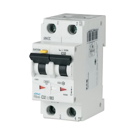 Eaton RCBO, 32A Current Rating, 2P Poles, 300mA Trip Sensitivity, Type A, Type C, FRBm6 Range [170731 FRBM6-C32/2/03-A]; 123-271
