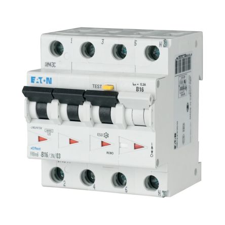 Eaton RCBO, 10A Current Rating, 4P Poles, 100mA Trip Sensitivity, Type A, Type D, FRBm6 Range [170939 FRBM6-D10/3N/01-A]; 123-362