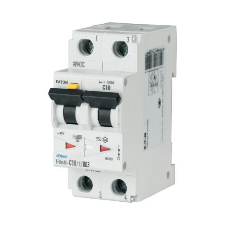 Eaton RCBO, 13A Current Rating, 2P Poles, 30mA Trip Sensitivity, Type A, Type B, FRBmM Range [170880 FRBMM-B13/2/003-A]; 123-696