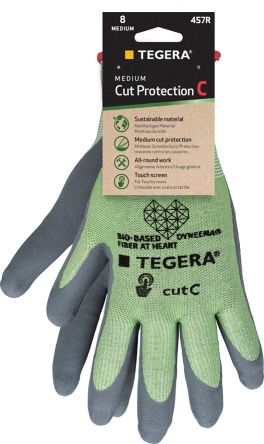 Tegera TEGERA Green, Grey Glass Fibre Thread, Recycled Polyester, Spandex Cut Resistant Work Gloves, Size 9, Nitrile [457R-9]; 124-141