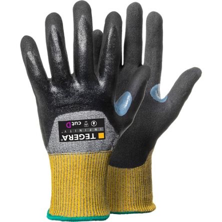 Tegera TEGERA Black, Yellow CRF Technology, Glass Fibre Thread, HPPE, Nylon, Spandex Cut Resistant Work Gloves, Size 7, [8808-7]; 128-160