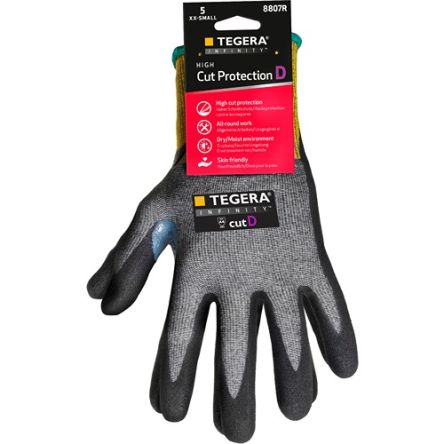 Tegera TEGERA Black, Yellow CRF Technology, Glass Fibre Thread, HPPE, Nylon, Spandex Cut Resistant Work Gloves, Size 6, [8807R-6]; 128-856