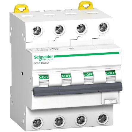 Schneider Electric RCBO, 10A Current Rating, 4P Poles, 30mA Trip Sensitivity, Type C, Acti9 Range [A9D57410]; 130-731