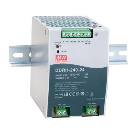 MEAN WELL DDRH-240 DC-DC Converter, 48V dc/ 5A Output, 250 → 1500 V dc Input, 240W, DIN Rail, +80°C Max Temp [DDRH-240-48]; 145-155