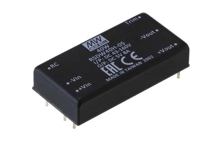 MEAN WELL RSDW DC-DC Converter, 43.2 → 52.8V dc/ 833mA Output, 40 → 160 V dc Input, 40W, Through Hole, [RSDW40H-48]; 145-180