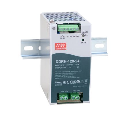 MEAN WELL DDRH DC-DC Converter, 48V dc/ 2.5A Output, 250 → 1500 V dc Input, 120W, DIN Rail, +80°C Max Temp -40°C [DDRH-120-48]; 145-182