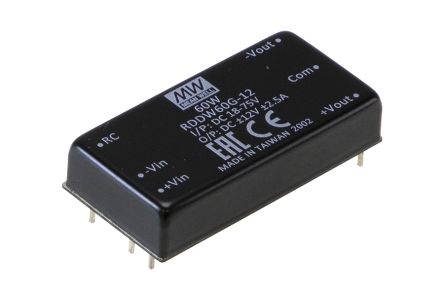 MEAN WELL RDDW DC-DC Converter, -12 → 12V dc/ -2.5 → 2.5A Output, 9 → 36 V dc Input, 60W, Through [RDDW60F-12]; 145-240