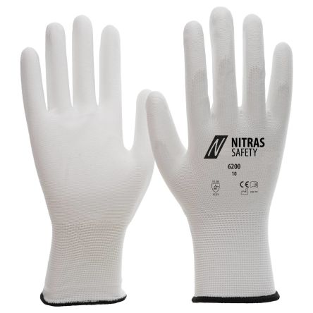 NITRAS SAFETY NITRAS White Nylon Abrasion Resistant Gloves, Size 10, Polyurethane Coating [6200-10]; 145-523