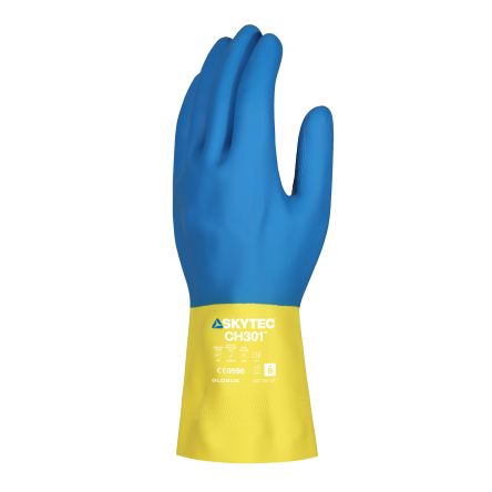 Skytec CH301 Blue, Yellow Cotton Chemical Resistant Gloves, Size 10, XL, Natural Rubber Coating [SKG00075DJ]; 146-870