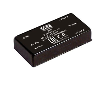 MEAN WELL RSD DC-DC Converter, 15V dc/ 1.33A Output, 18 to 75 V dc Input, 20W, PCB Mount, +85°C Max Temp -40°C Min Temp [RSDW20G-15]; 149-670