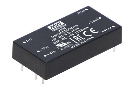 MEAN WELL RSD DC-DC Converter, 5V dc/ 4A Output, 8.5 to 160 V dc Input, 20W, PCB Mount, +105°C Max Temp -40°C Min Temp [RSDW20UW-05]; 149-771