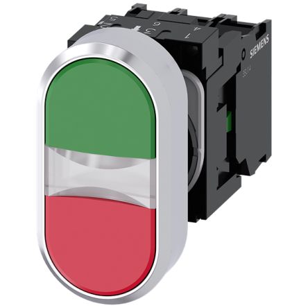 Siemens 3SU1 Series Illuminated Push Button, Momentary, Front, 29.45mm Cutout, Green, Red LED, IP66, IP67, IP69(IP69K) [3SU1158-3AB42-1MA0]; 155-306