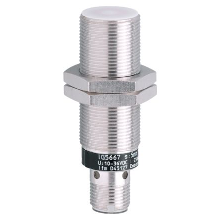 ifm electronic Inductive Threaded Barrel Proximity Sensor, M18, 5 mm Detection, PNP NO, 10 → 36 V dc [IG5667]; 162-719