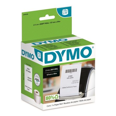 Dymo 21916 White Black Print Label Roll, 57mm Height [2191636]; 170-391